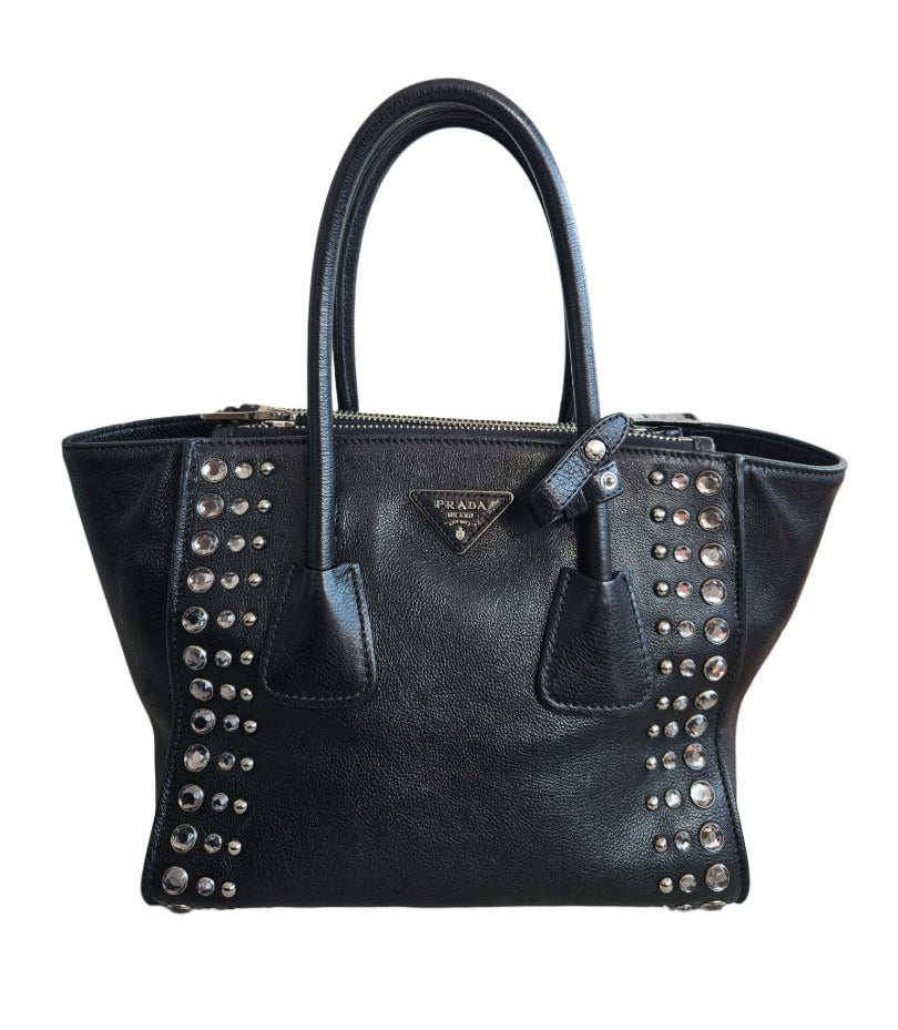 Prada Black Leather Crystal Embellished Double Zip Bag