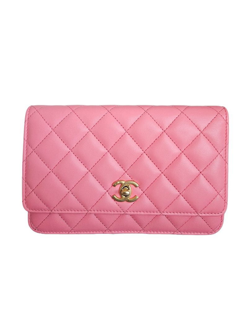 Chanel Pink Lambskin Quilted CC Pearl Crush Wallet On Chain