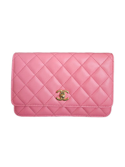 Chanel Pink Lambskin Quilted CC Pearl Crush Wallet On Chain