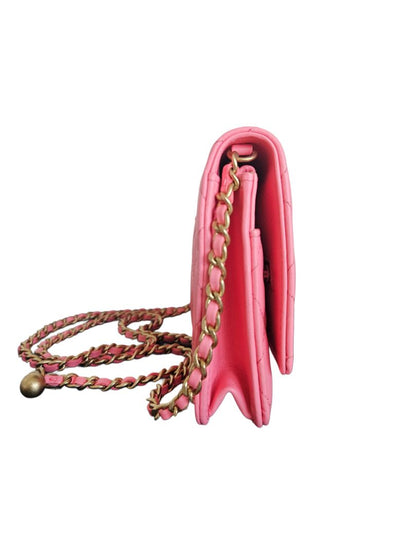 Chanel Pink Lambskin Quilted CC Pearl Crush Wallet On Chain