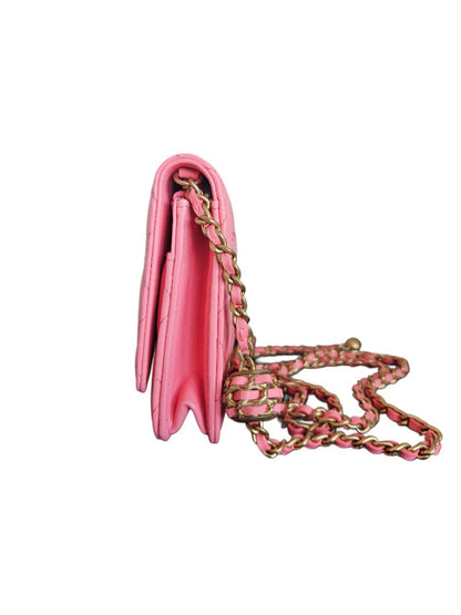 Chanel Pink Lambskin Quilted CC Pearl Crush Wallet On Chain