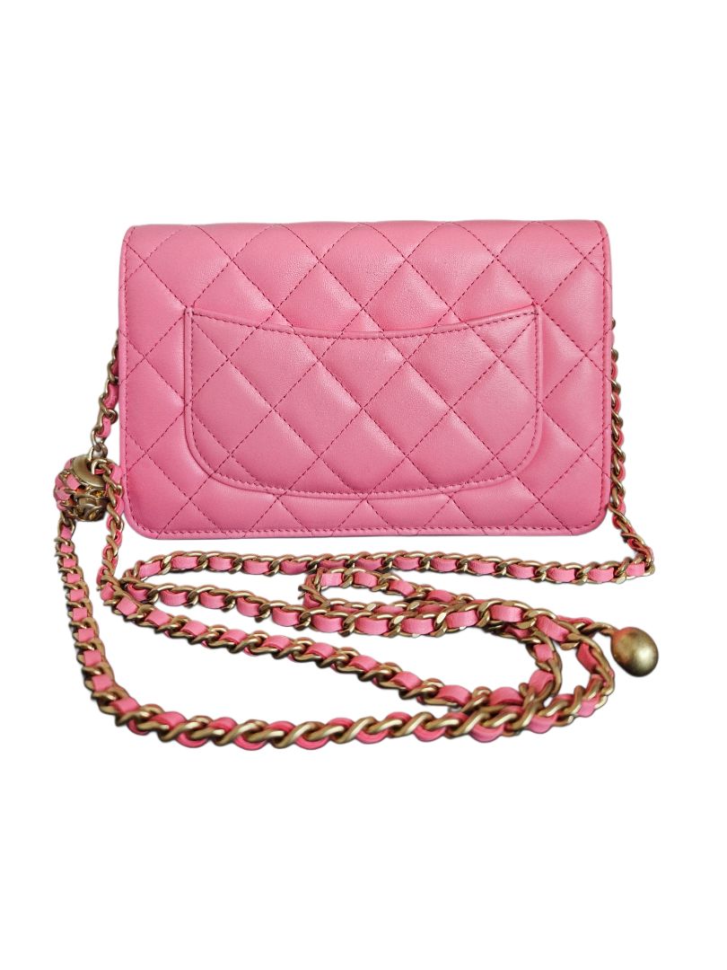 Chanel Pink Lambskin Quilted CC Pearl Crush Wallet On Chain
