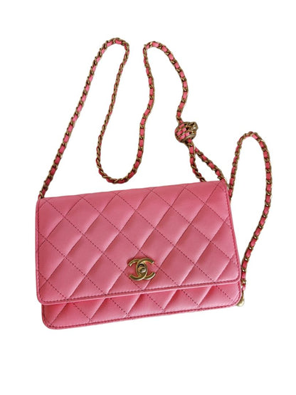 Chanel Pink Lambskin Quilted CC Pearl Crush Wallet On Chain