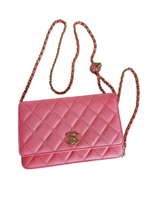 Chanel Pink Lambskin Quilted CC Pearl Crush Wallet On Chain