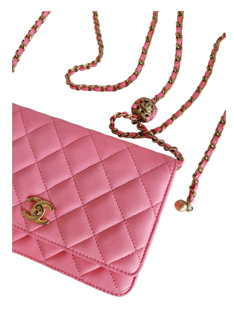 Chanel Pink Lambskin Quilted CC Pearl Crush Wallet On Chain