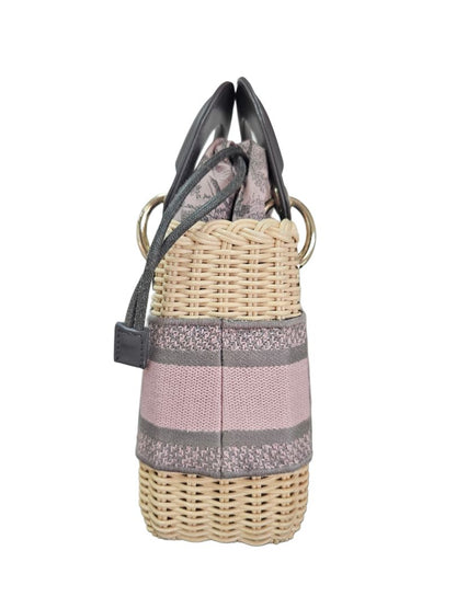 Christian Dior Pink/Beige Canvas & Wicker Mini Lady Dior Top Handle Bag