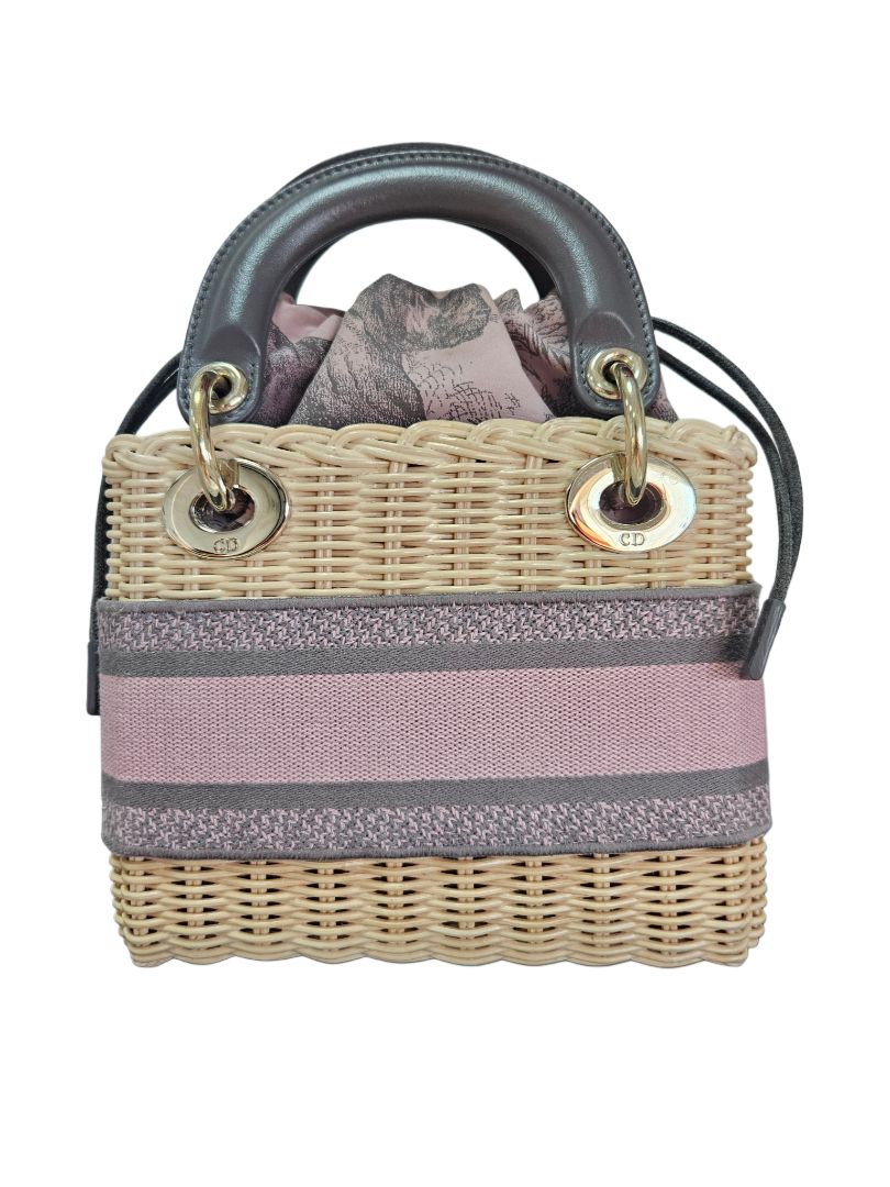Christian Dior Pink/Beige Canvas & Wicker Mini Lady Dior Top Handle Bag