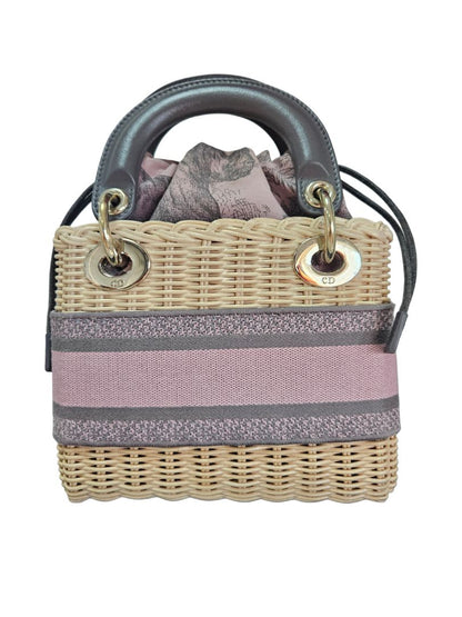 Christian Dior Pink/Beige Canvas & Wicker Mini Lady Dior Top Handle Bag