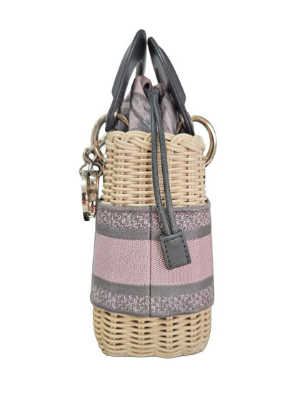 Christian Dior Pink/Beige Canvas & Wicker Mini Lady Dior Top Handle Bag