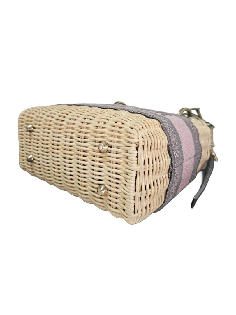 Christian Dior Pink/Beige Canvas & Wicker Mini Lady Dior Top Handle Bag