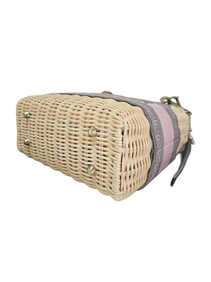 Christian Dior Pink/Beige Canvas & Wicker Mini Lady Dior Top Handle Bag