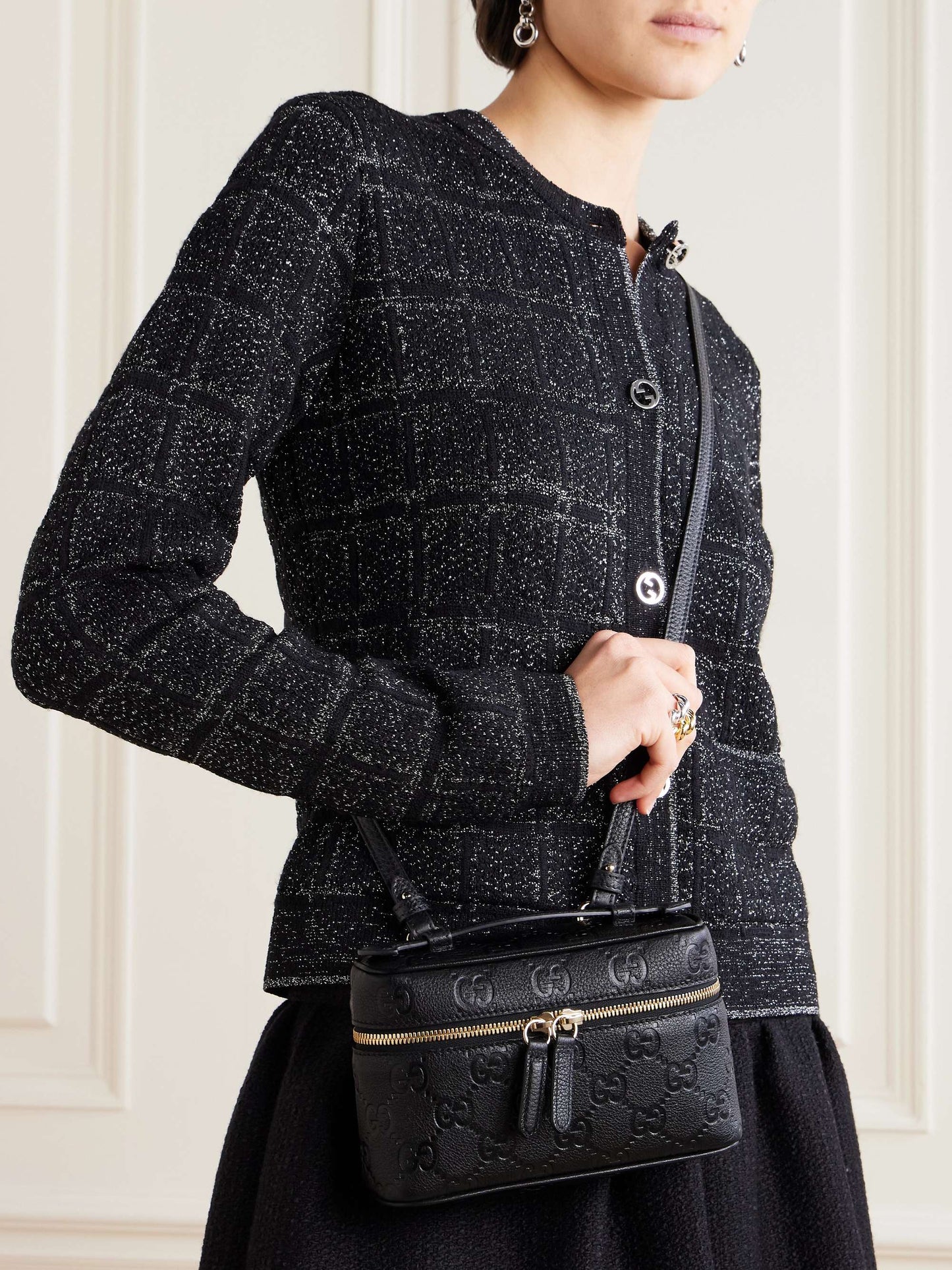 GUCCI GG Emblem mini debossed textured-leather shoulder bag