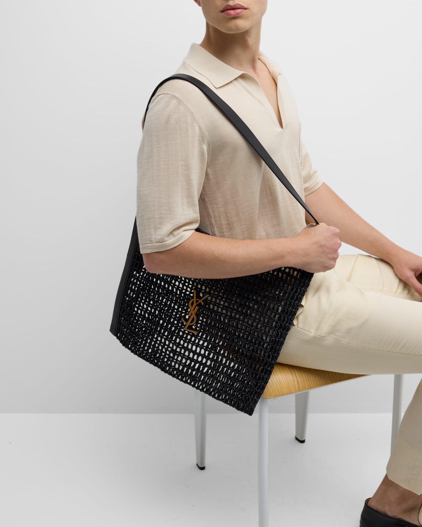 Saint Laurent Xalis YSL Shoulder Bag in Raffia Macrame