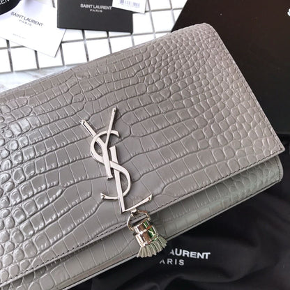Saint Laurent Grey Crocodile Embossed Kate Medium
