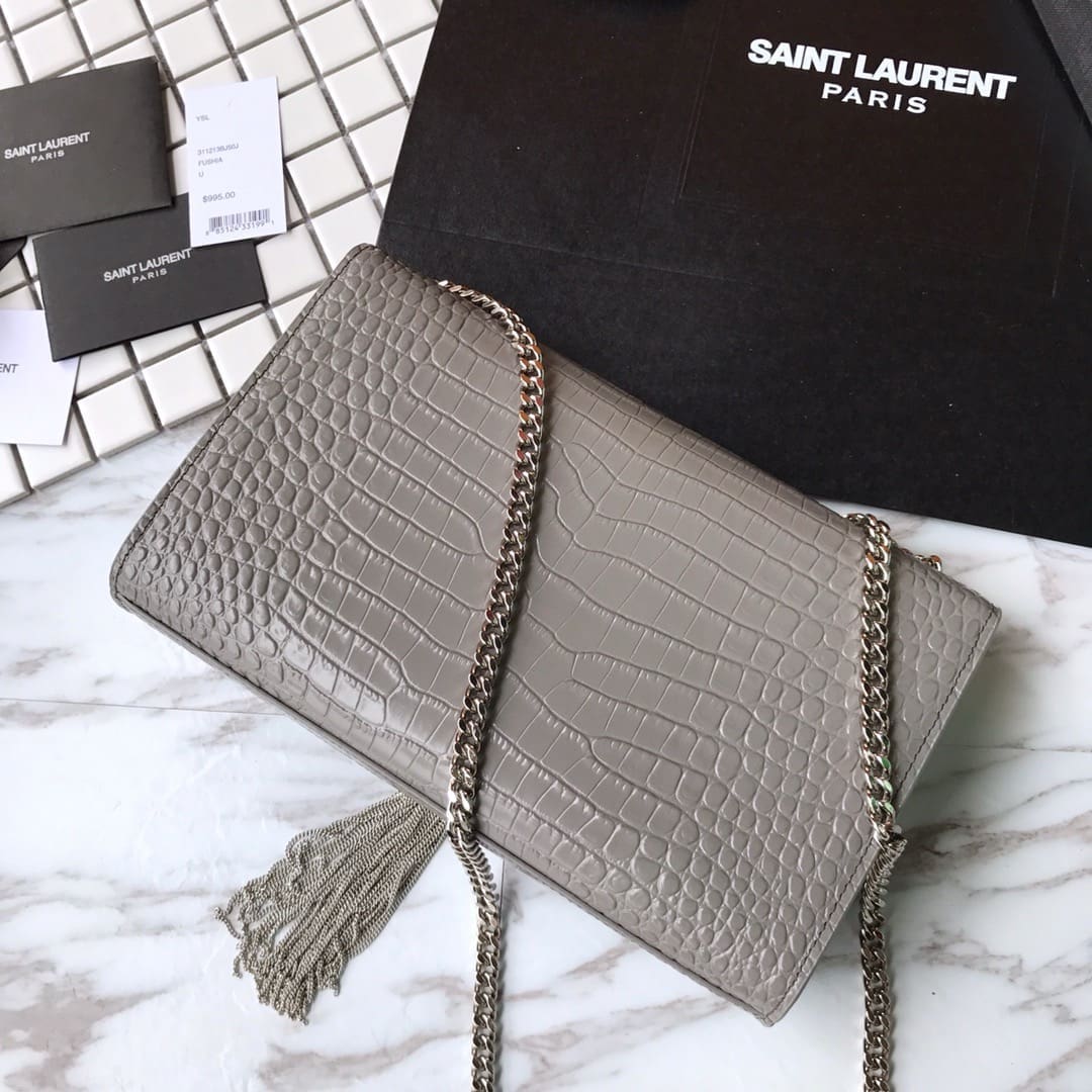 Saint Laurent Grey Crocodile Embossed Kate Medium