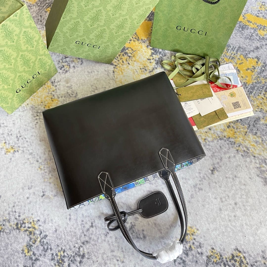 GUCCI Supreme Monogram Blooms Medium Reversible Tote Beige Blue Navy