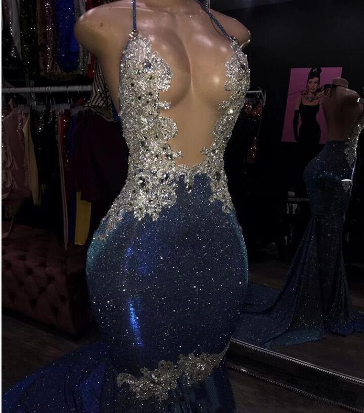 Black Girl Prom Dress Cheap Sparkle Blue Sexy Prom Dresses | Mermaid Silver Aplliques Long Evening Gowns C4074