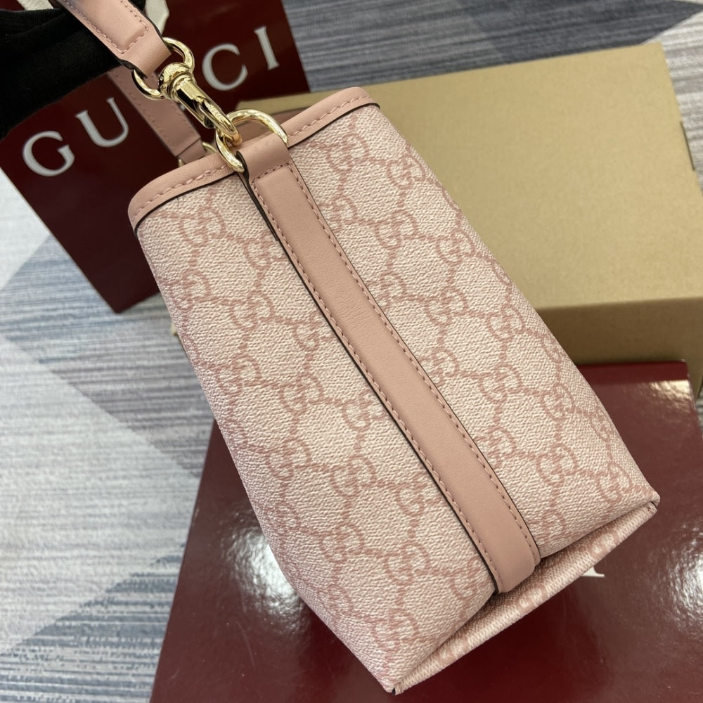 GUCCI GG EMBLEM SMALL BUCKET BAG LIGHT PINK COATED FABRIC 21CM 815118 FAD6L 8459