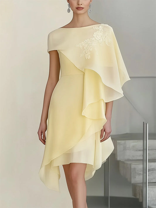 Yellow Chiffon Boat Neckline Mini Dress