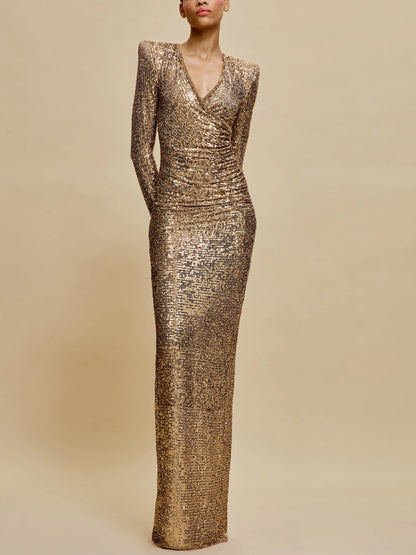 V-neck Sequin Solid Color Maxi Dress