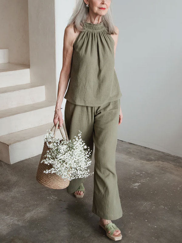 Fashion Hanging Neck Cotton Linen Women's Sets