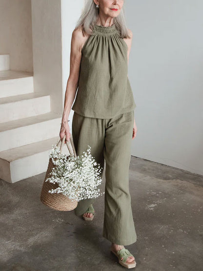 Fashion Hanging Neck Cotton Linen Women's Sets