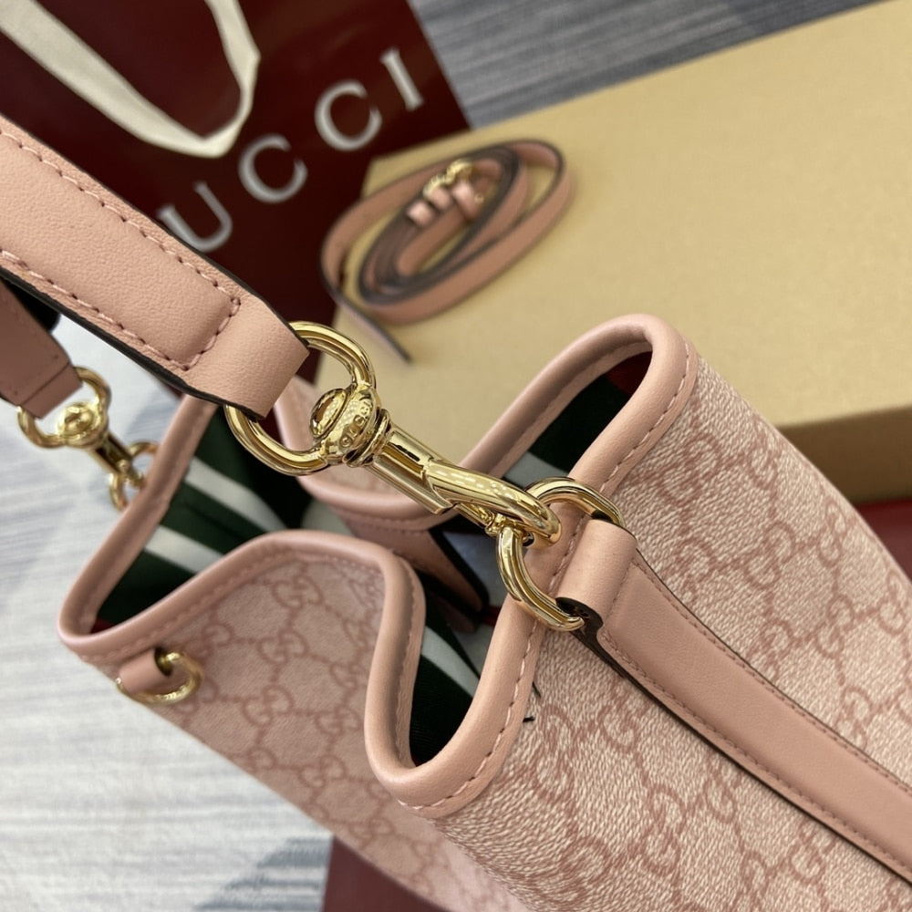 GUCCI GG EMBLEM SMALL BUCKET BAG LIGHT PINK COATED FABRIC 21CM 815118 FAD6L 8459