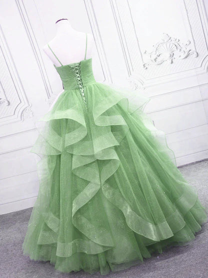 Green/blue long shiny elegant spaghetti straps long ruffled organza ball gown evening dress quinceanera dress gh903