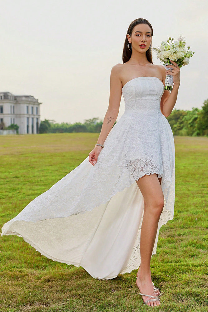 loveedsTM-Casual Strapless Lace Ruffle Holiday Dress