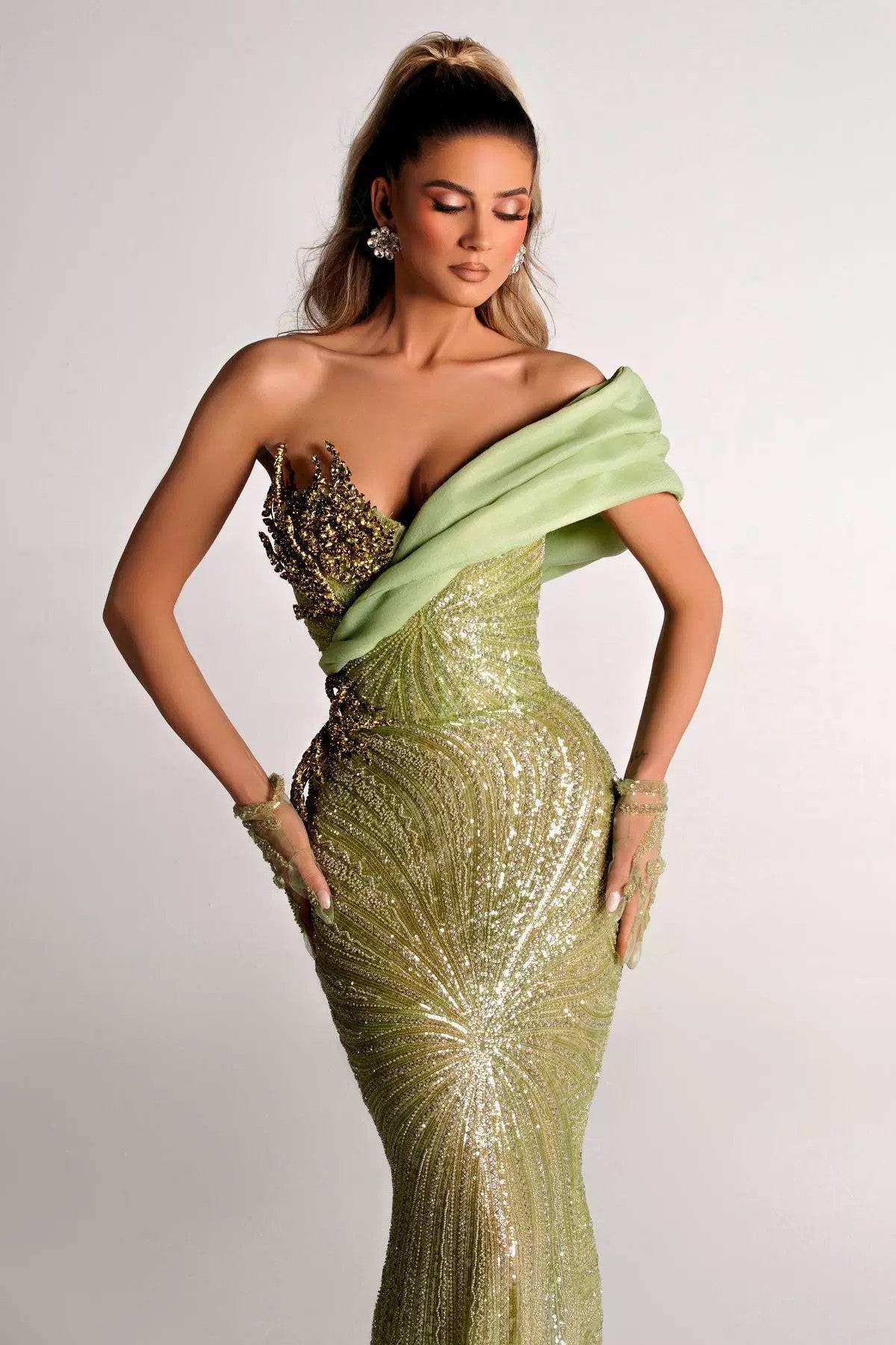 loveedsTM-Green sequined waist one shoulder dress-vx