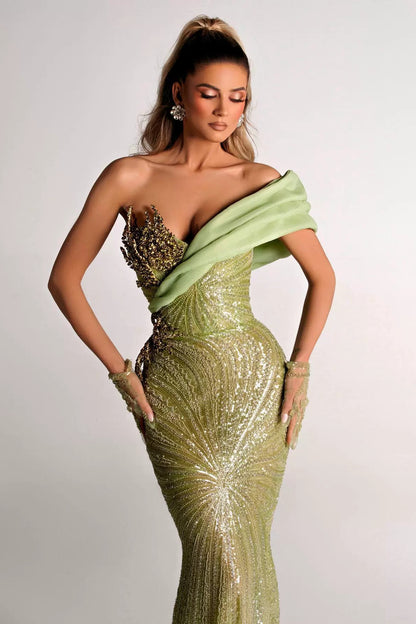 loveedsTM-Green sequined waist one shoulder dress-vx