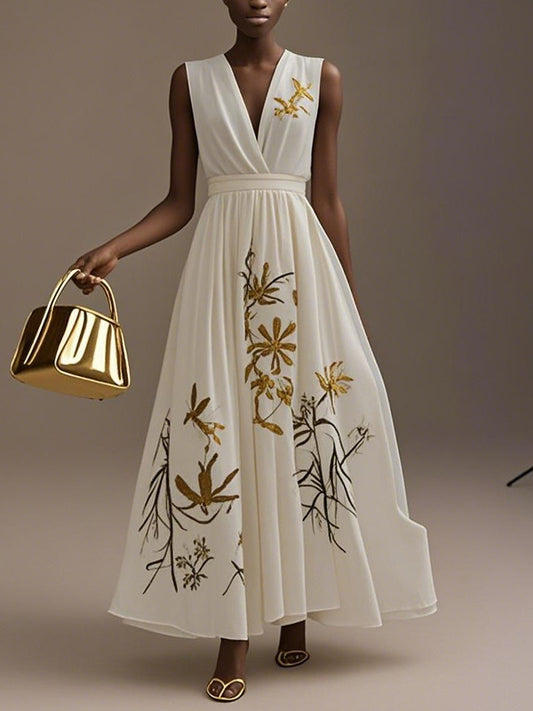 White V-neck Yellow Print Sleeveless Maxi Dress