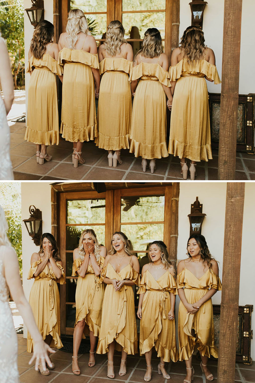 Ruffles Cold Sleeves Tea-Length Mustard Yellow Bridesmaid Dress