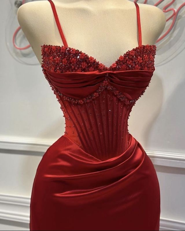 Red Fashion Elegant Exquisite Beaded Spaghetti Straps Long Sexy Slit Satin Ball Gown Evening Dress Party Dress gh3424