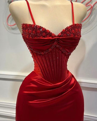 Red Fashion Elegant Exquisite Beaded Spaghetti Straps Long Sexy Slit Satin Ball Gown Evening Dress Party Dress gh3424