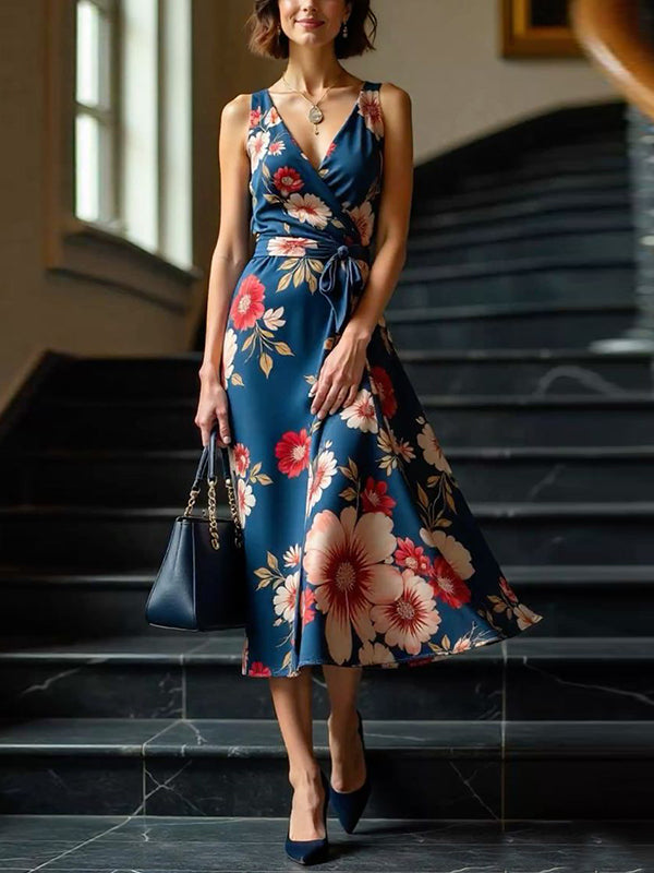 Dark Blue V-neck Sleeveless Print Midi Dress