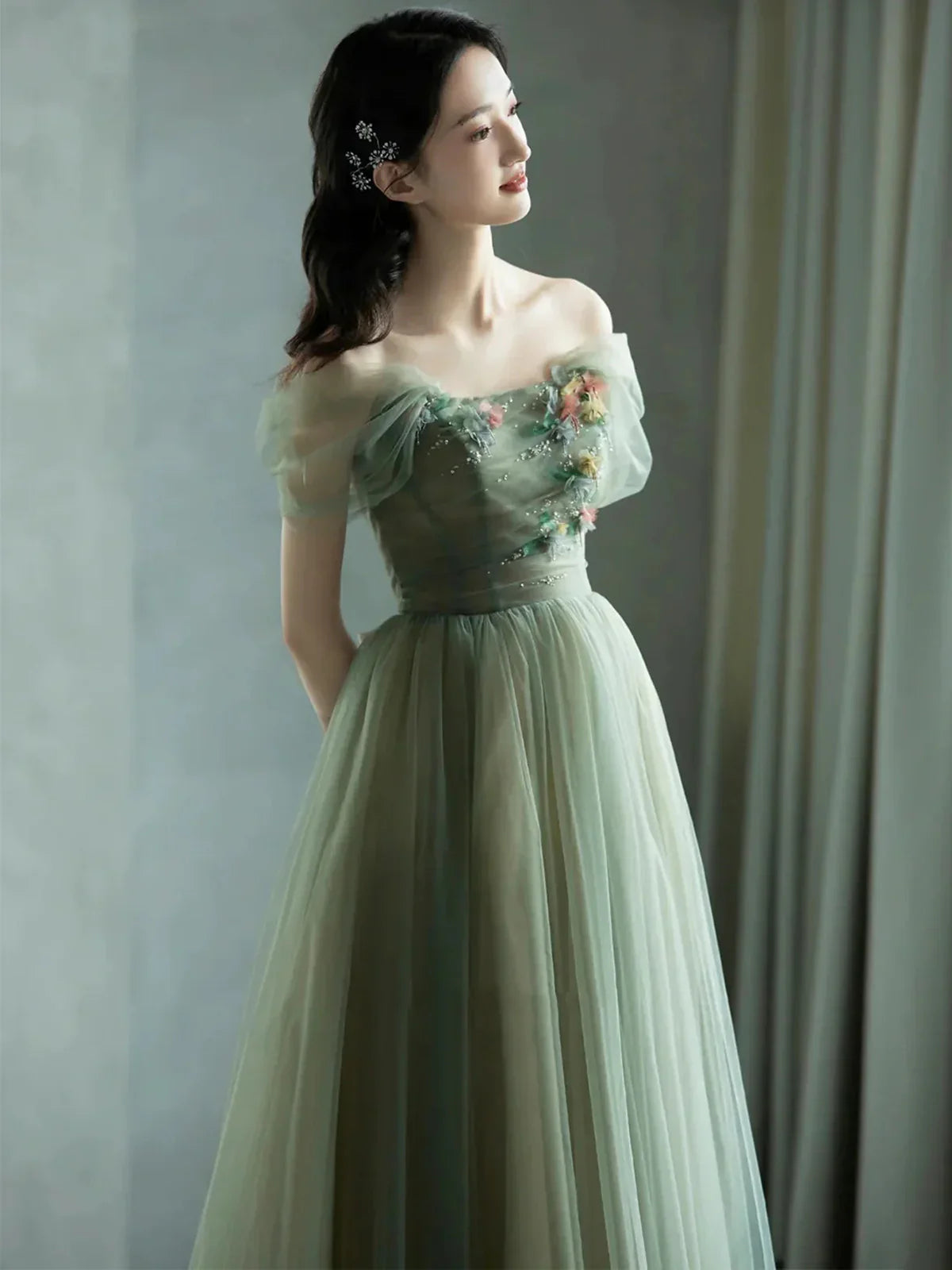 Green beautiful charming floral applique tulle long formal prom dress,evening dress,party dress gh2422