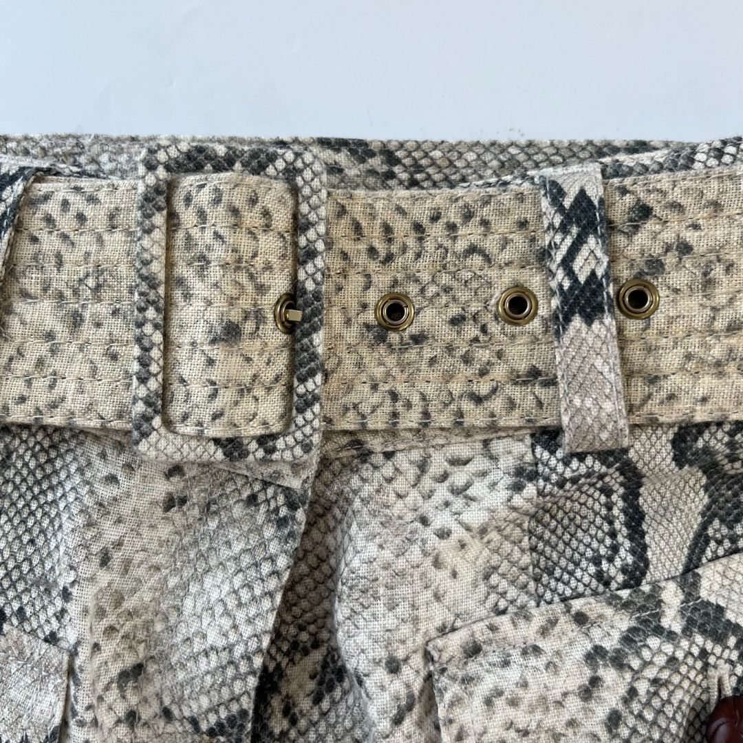 Zimmermann beige snakeskin print belted linen shorts