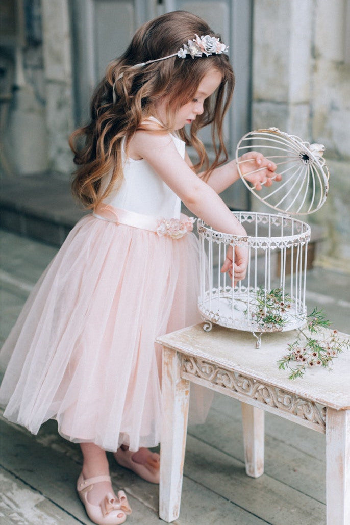 Cute Chic White and Pink Flower Girl Dress with Floral Belt