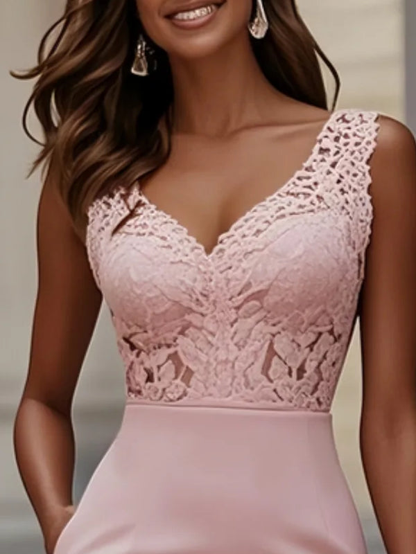 Lace Classic V Neck Sleeveless Sheath Midi Dress