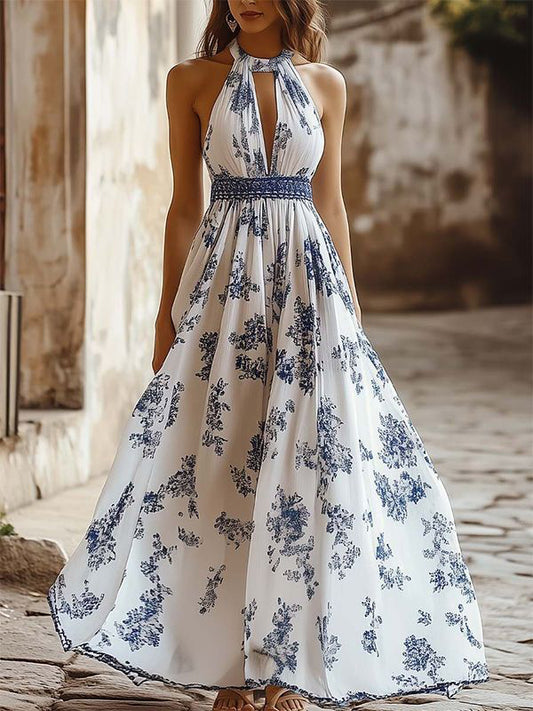 White Halter Neck Print Maxi Dress