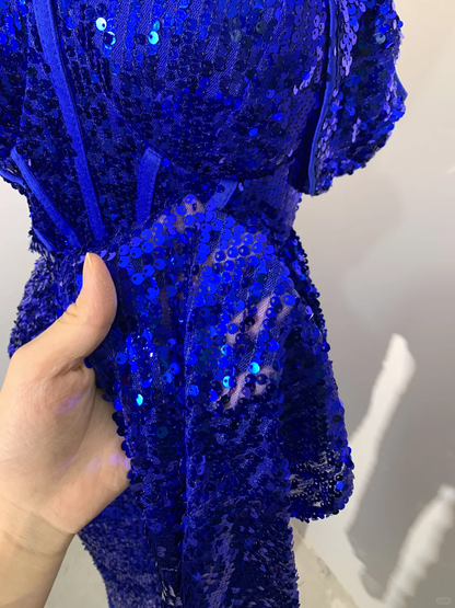 Blue Fashion Sparkling Elegant Spaghetti Straps Floor Length Sexy Slit Sequin Ball Gown Evening Gown Party Dress Prom Gown gh3745