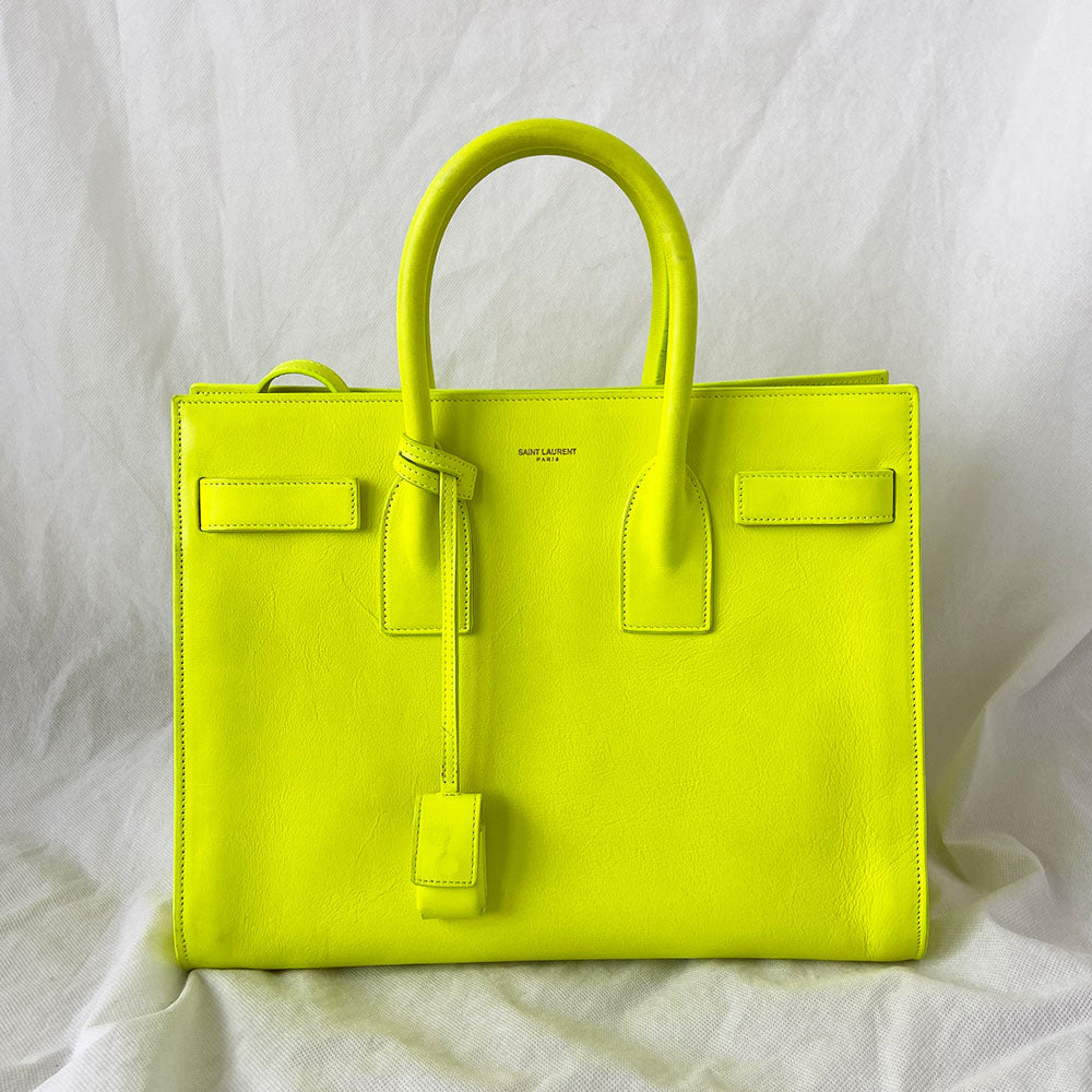 Saint Laurent Neon Yellow Leather Small Classic Sac De Jour Tote