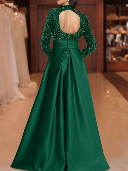 Jewel Collar Satin Glitter Appliques Gown