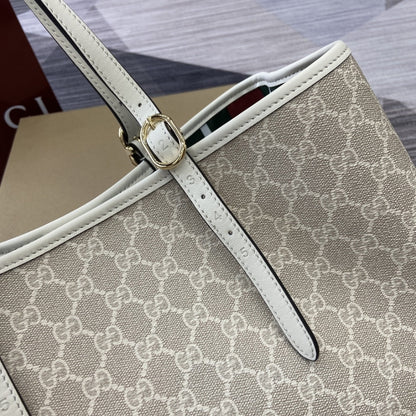 GUCCI GG EMBLEM LARGE TOTE BAG BEIGE AND WHITE COATED FABRIC 38CM 815213 FAD6L 9641