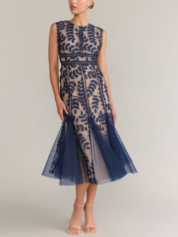 Round Neck Lace Mesh Midi Dress