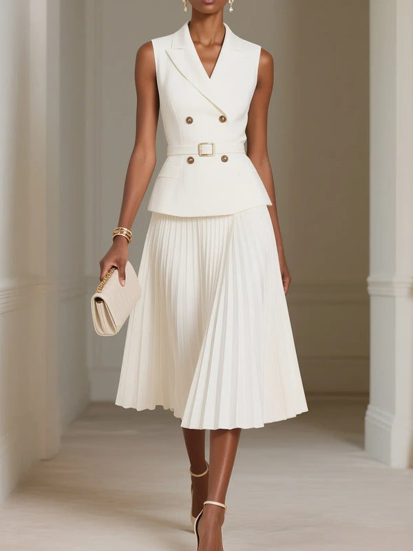 Women's Solid Color Lapel Sleeveless Double-breasted Pleated Skirt Two-piece Set