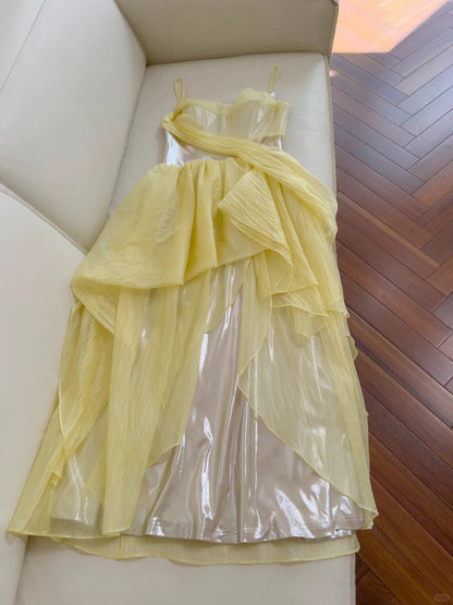 Yellow Silver FuturisticFlowing Long Chiffon Ball Gown Party Dress gh4404