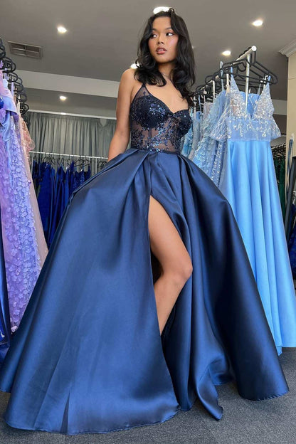 Pretty A Line Spaghetti Strap Sequin Navy Blue Satin Long Party Dress Wedding Guest Dress with Slit SH2922