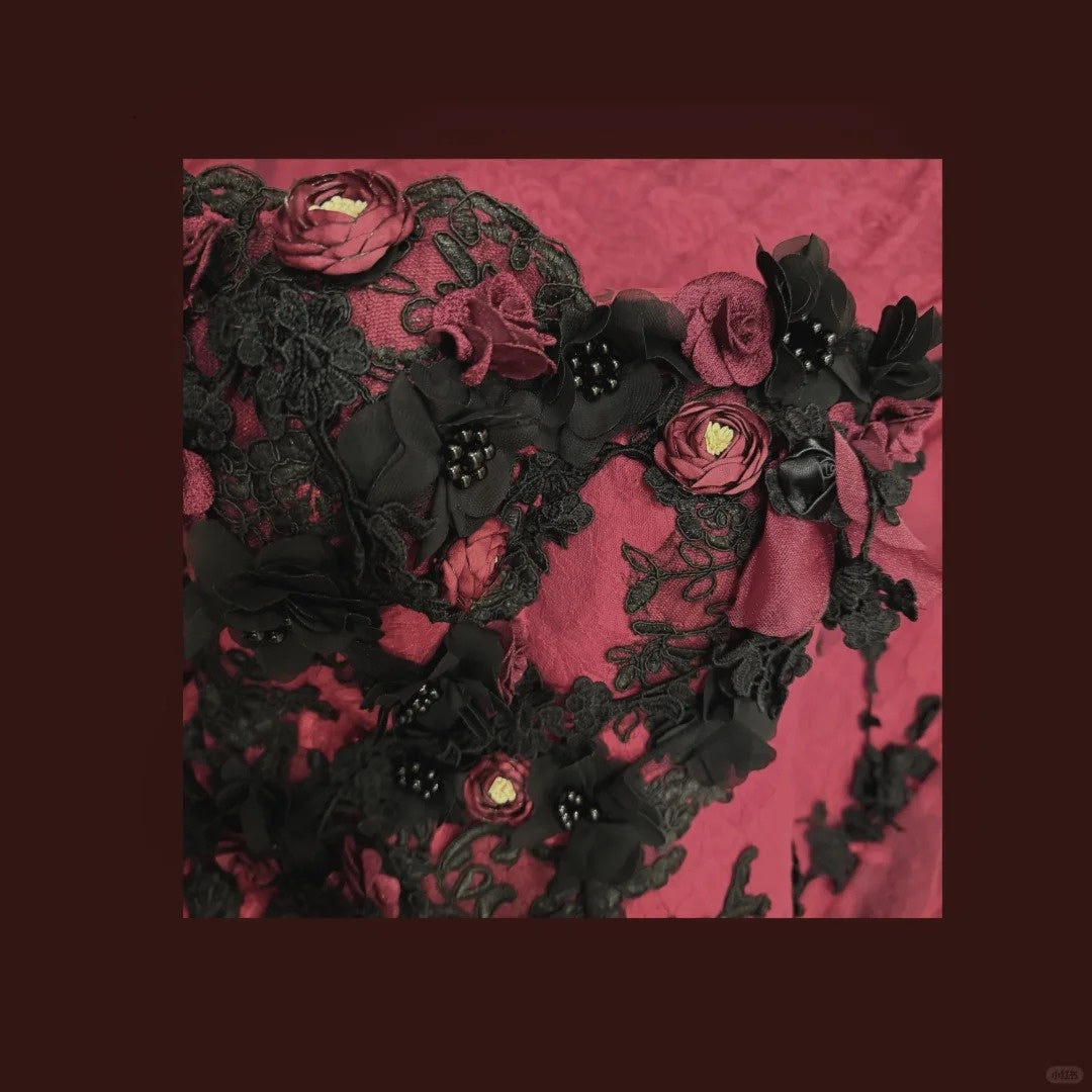 Burgundy Mysterious Red Rose Gorgeous Exquisite Lace Tulle Long Floor-Length Trailing Ball Gown Evening Gown gh4253